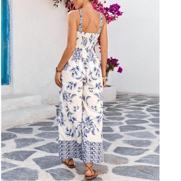 Boho Floral Tropical Print Shirred Wide Leg Cami Jumpsuit - Picture 4 of 6